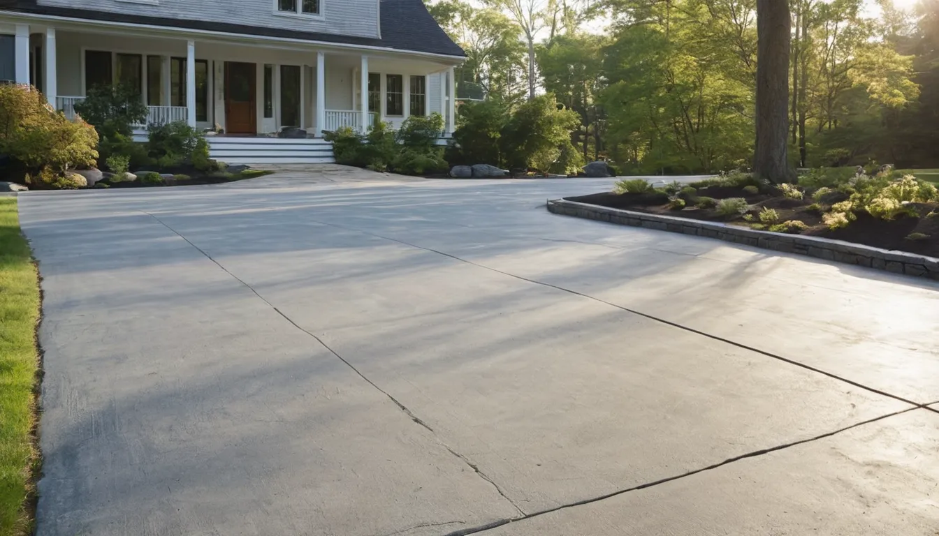 A freshly finished concrete driveway beside a home in Long Branch